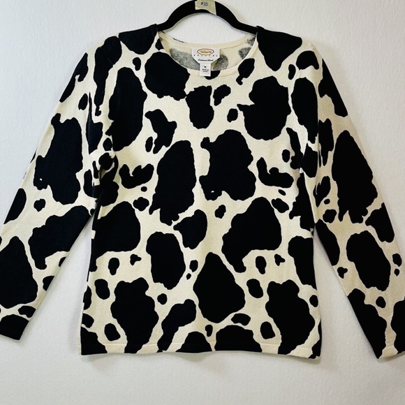 Talbots Petites Cow Print Long Sleeve Cashmere Silk Sweater Size MP Y2K Cottage - Picture 1 of 6